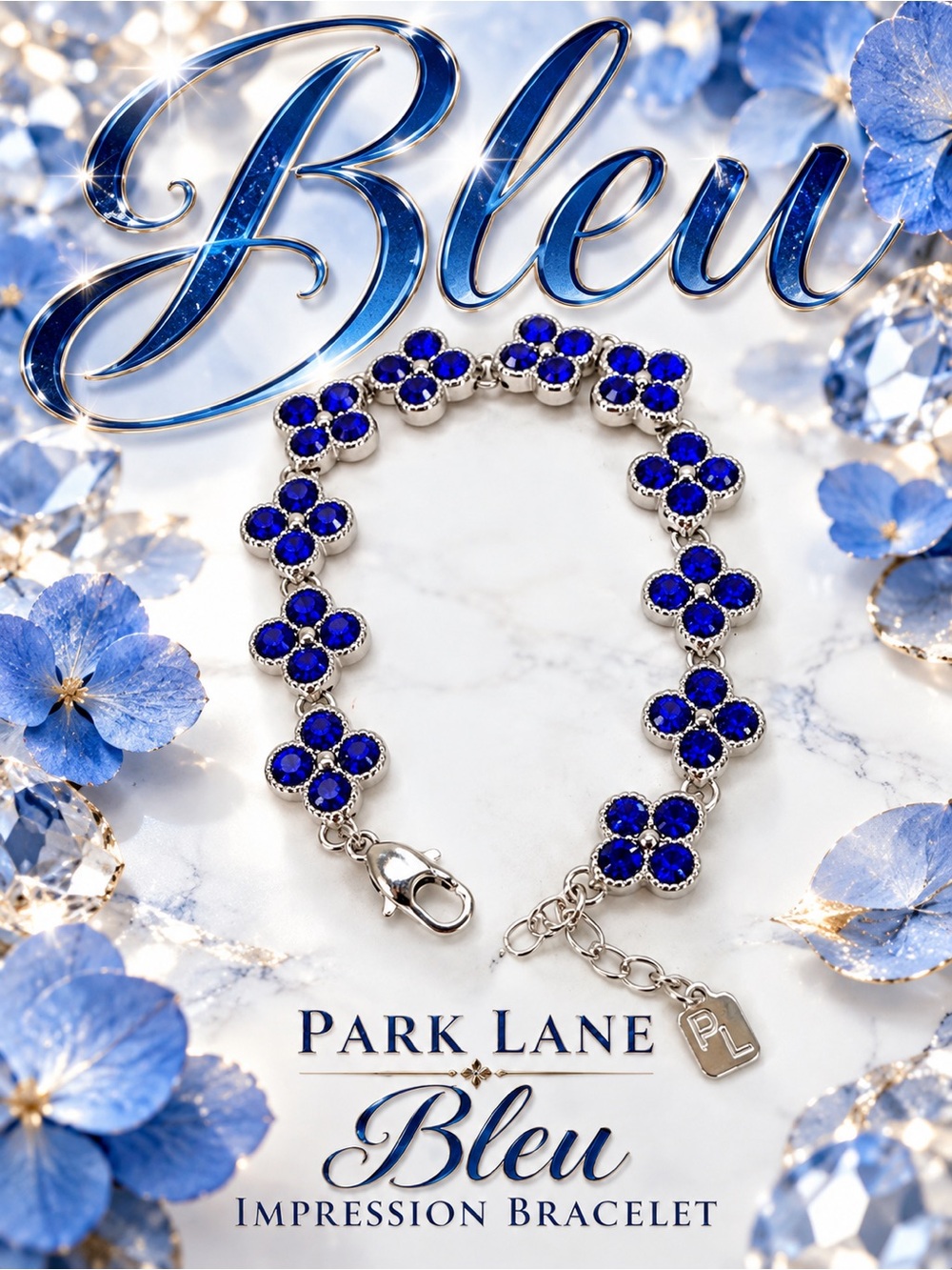 Park Lane Women’s Bleu Impression Tennis Bracelet Blue Crystal Floral Silver NWT